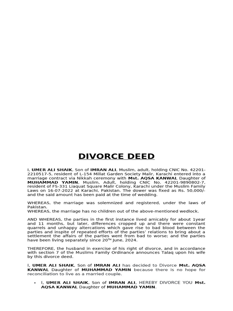 Divorce Deed Umer Ali | PDF