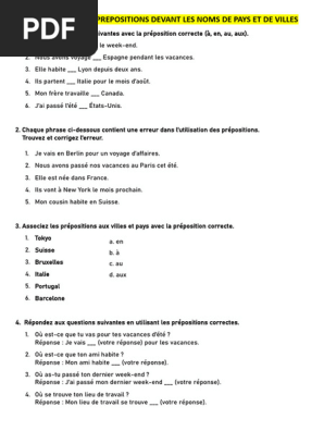 Exercices sur les prépositions de lieu | PDF | Arts du langage et