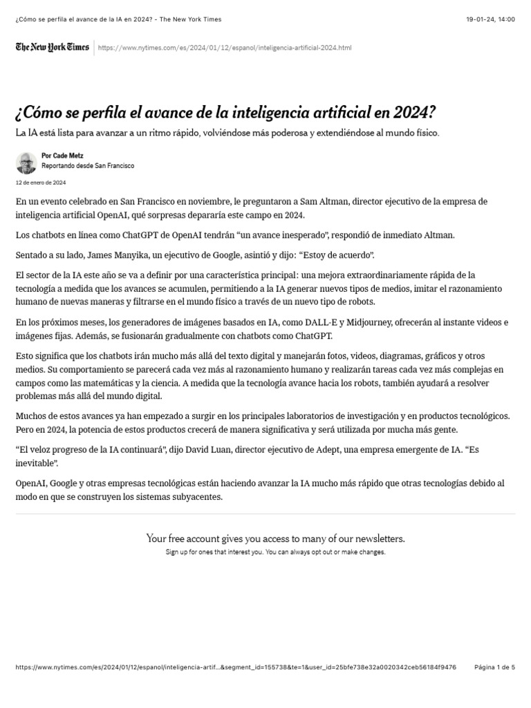 ¿Cómo Se Perfila El Avance de La IA en 2024? - The New York Times | PDF
