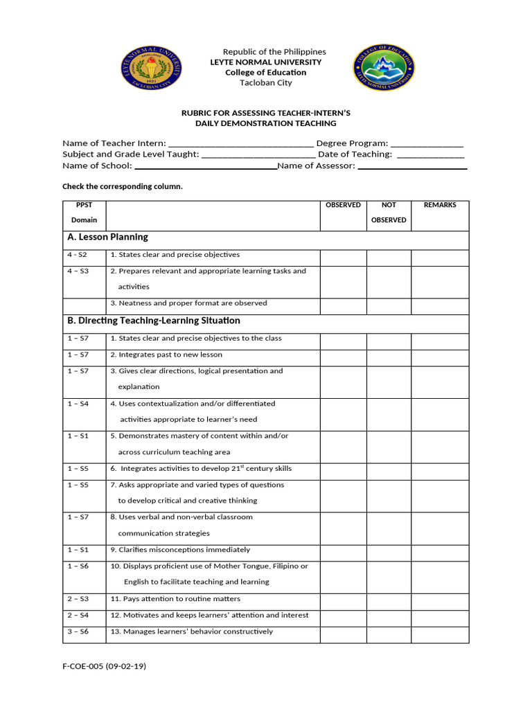 Teacher Intern Assessment Rubric | PDF | Learning | Career & Growth