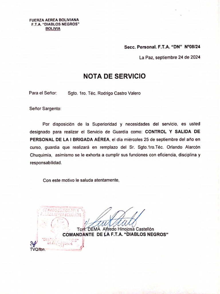 Fta. Dn. Nota de Servicio | PDF