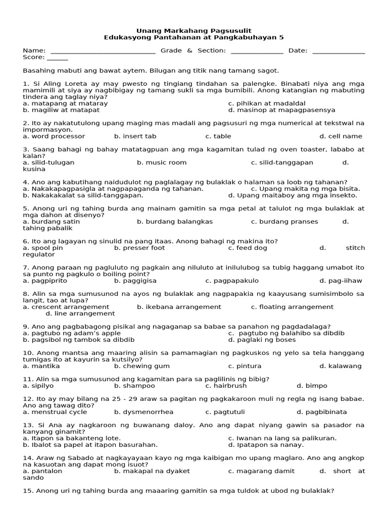First Periodic Test In Epp Questionnaire Pdf