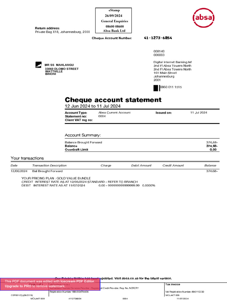 Cheque Account Statement: 11879 Isichalo Street Vosloorus 1475 | PDF