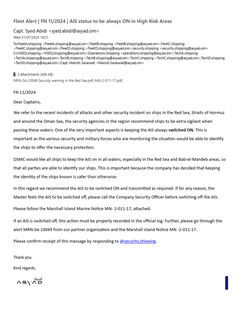 AIS Status To Be Always On in High Risk Areas | PDF