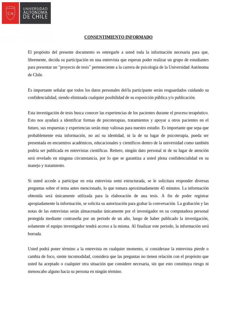Consentimiento Informado Entrevista Pacientes Tesis | PDF