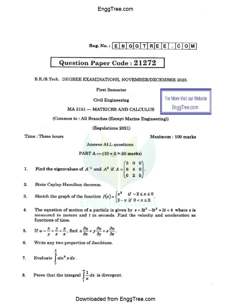 MA3151 Martices and Calculus Nov Dec 2023 Question Paper Download | PDF