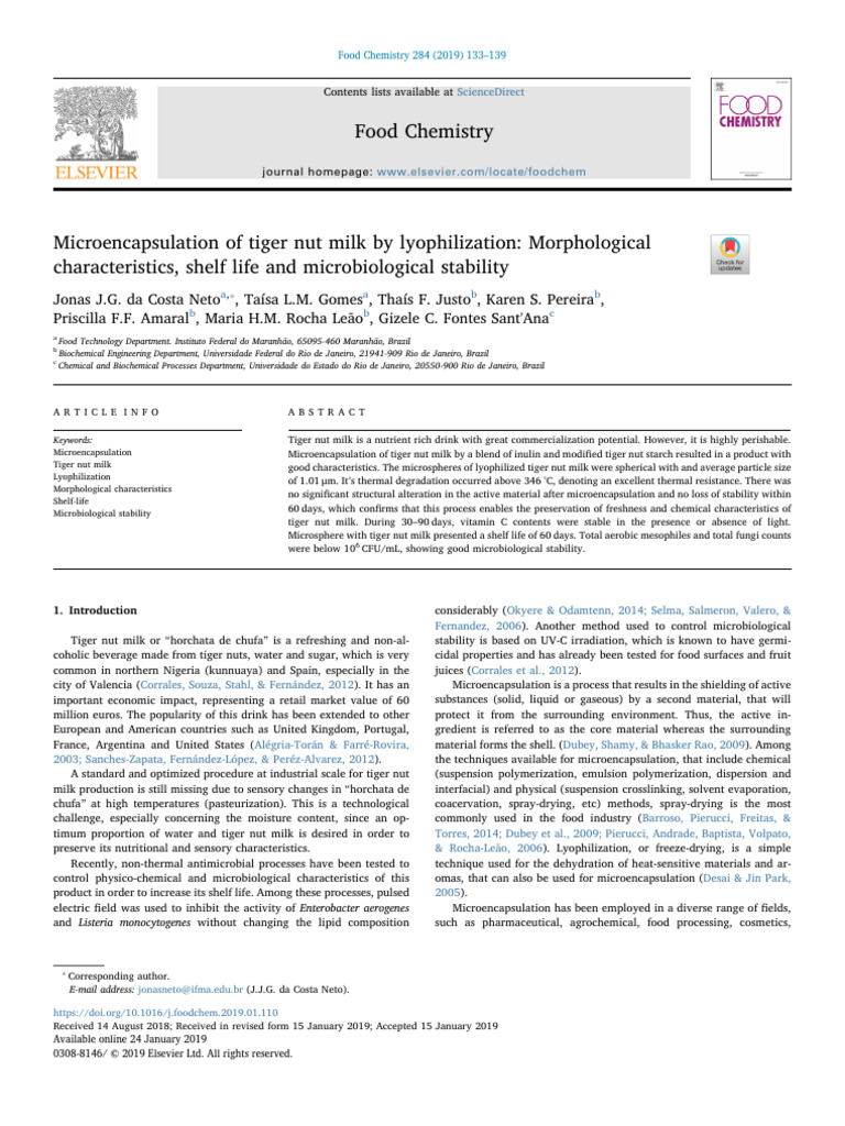Food Chemistry - Microencapsulation of Tiger Nut Milk by Lyophilization ...