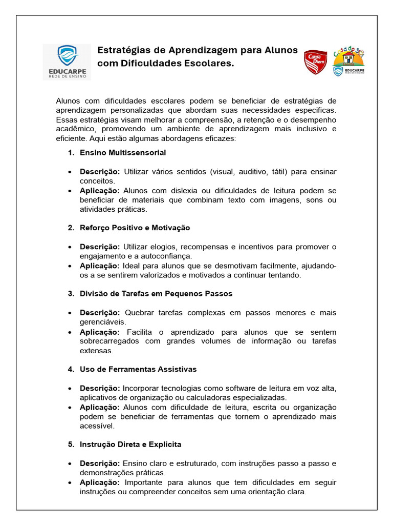 Estratégias de Aprendizagem para Alunos Com Dificuldade Escolar | PDF