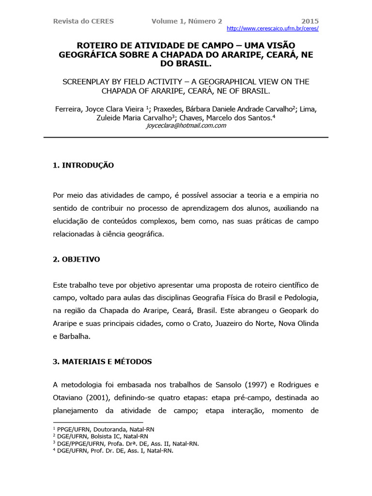 Roteiro De Atividade De Campo Uma Vis o Geogr fica Sobre A Chapada Do 