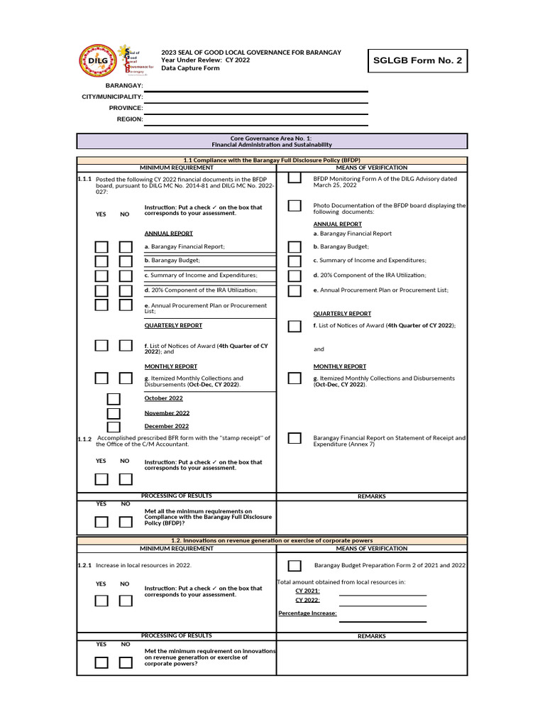 Final 2023 SGLGB Form 2 Data Capture Form DCF | PDF