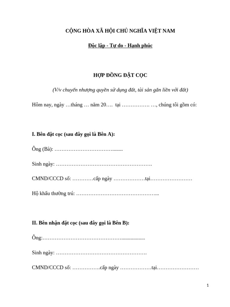 Mau Hop Dong Dat Coc Mua Ban Nha Dat | PDF