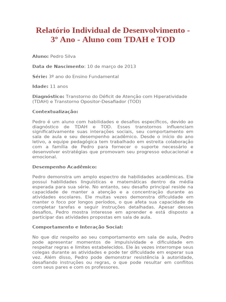 Relatório Individual de Desenvolvimento - 3º Ano - Aluno Com TDAH e TOD ...