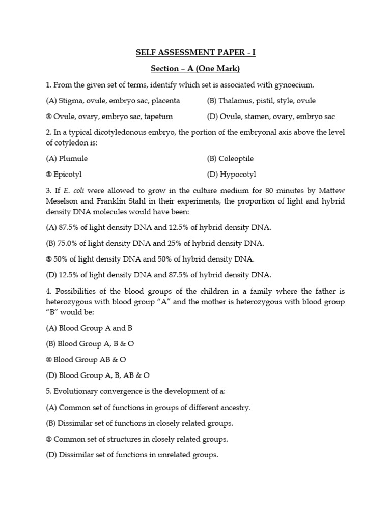 Self Assessment Paper - I | PDF