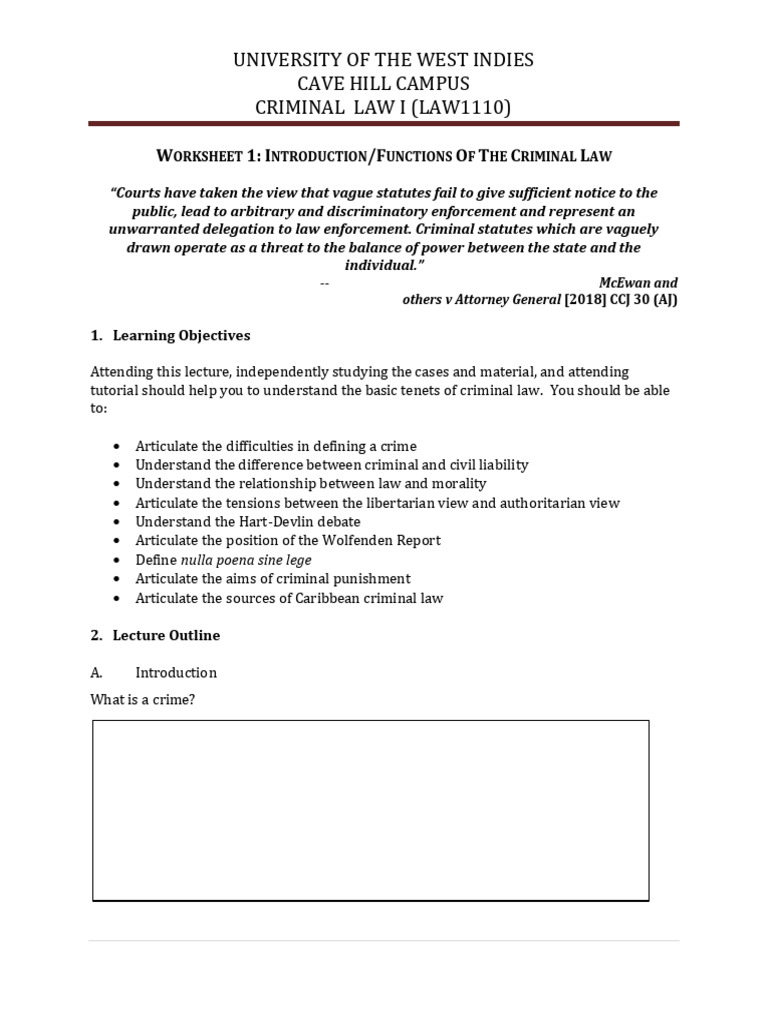 CAVE HILL Criminal Law I Worksheet 1 Nature and Functions of The Criminal Law 2024 PDF