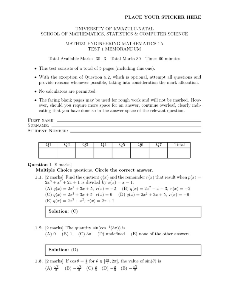 2024MATH131P1 Test 1 Memo | PDF