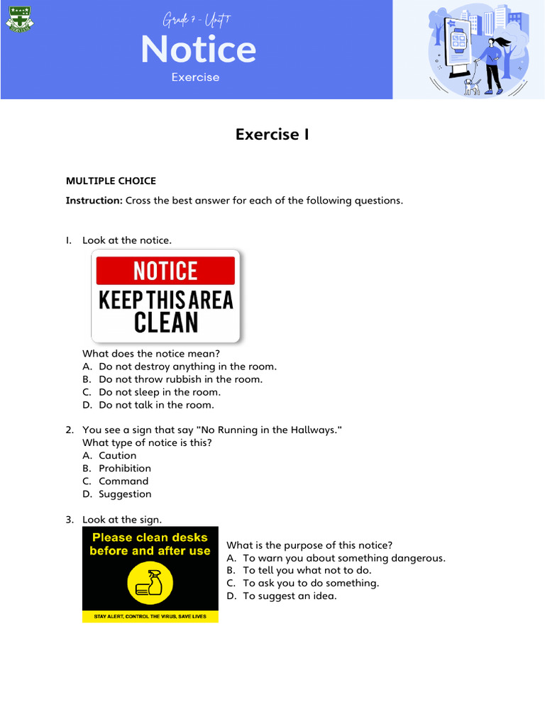 7Exercise-Unit 1 Notice - Multiple Choice Questions | PDF