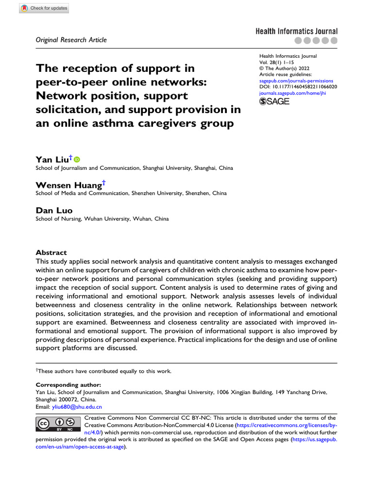 Liu Et Al 2021 The Reception of Support in Peer To Peer Online Networks ...