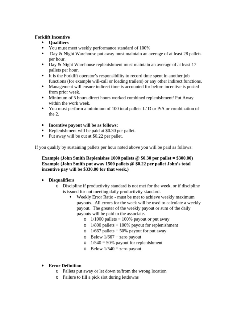 Forklift Operator Incentive Guidelines | PDF | Forklift | Finance ...