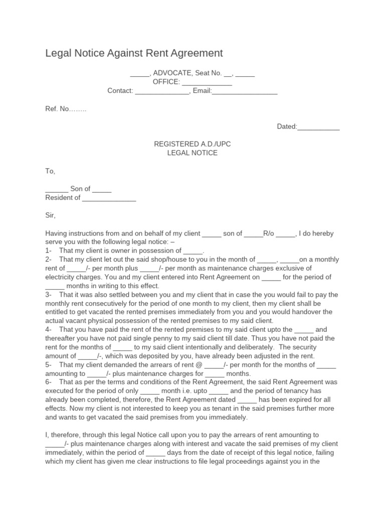 Legal Notice Against Rent Agreement - Sample | PDF