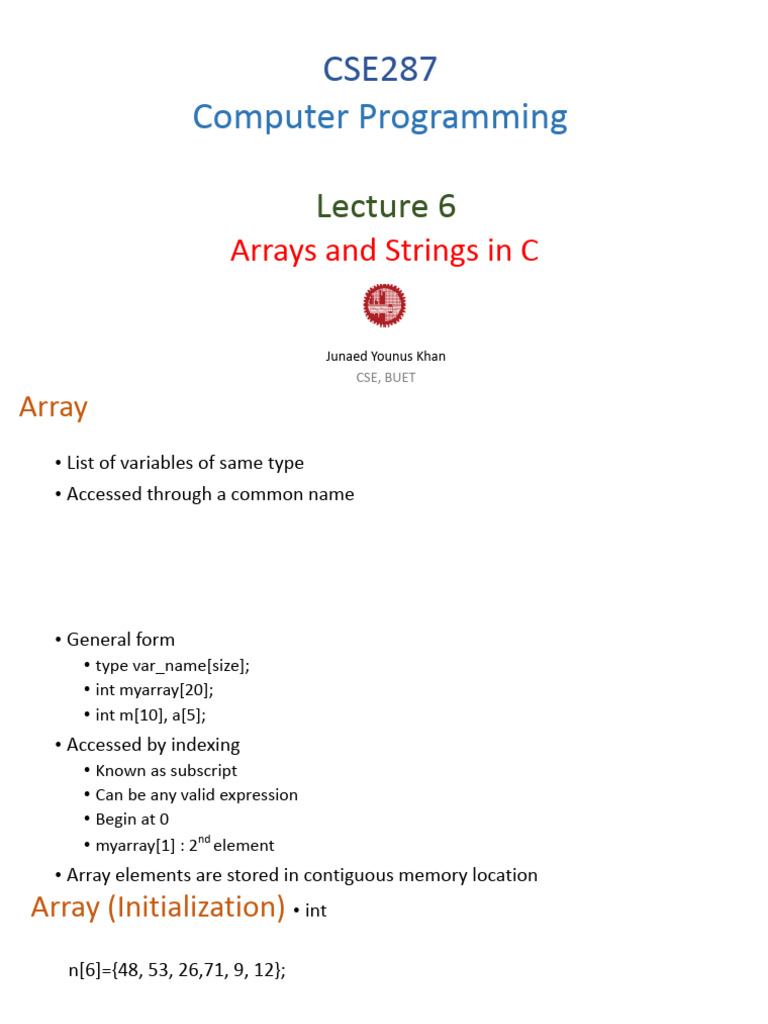 Lecture 06 - Arrays and Strings in C | PDF