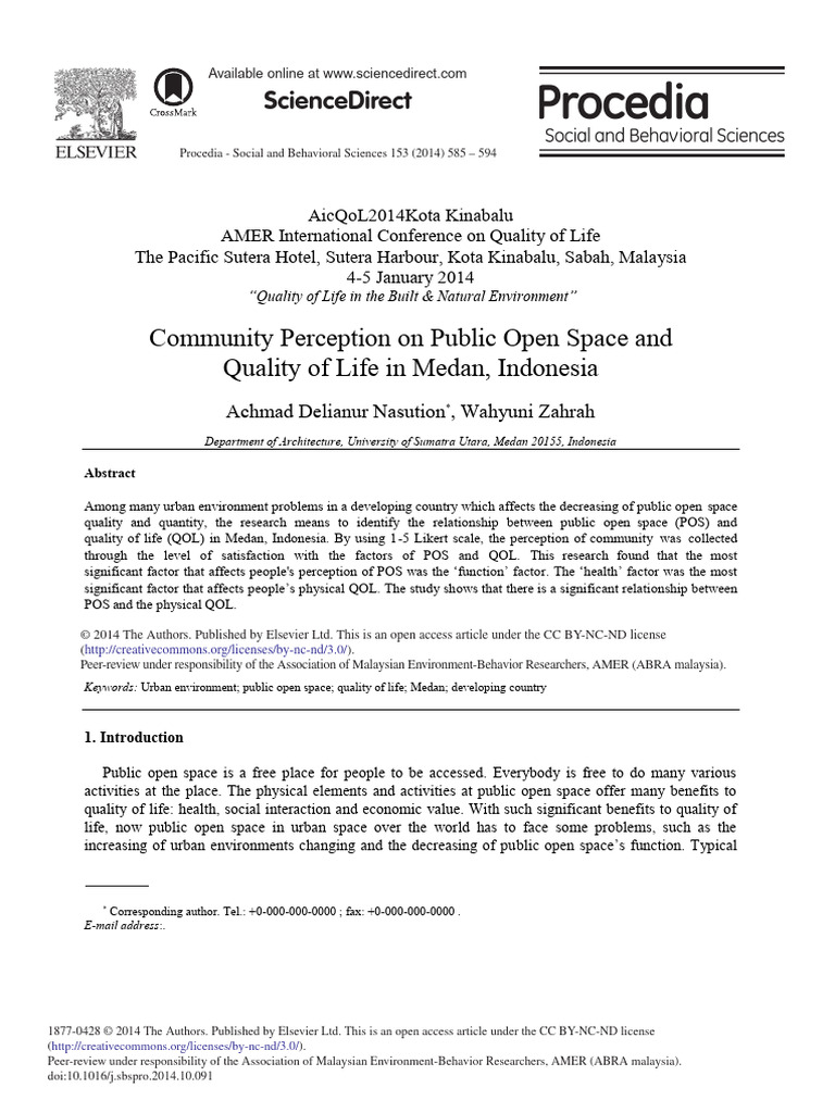 Community Perception On Public Open Space and Quality of Life in Medan ...