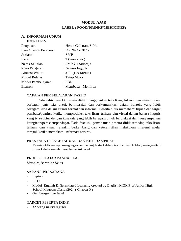 Modul Ajar Label untuk SMP Kelas 9 | PDF | Career & Growth | Language ...