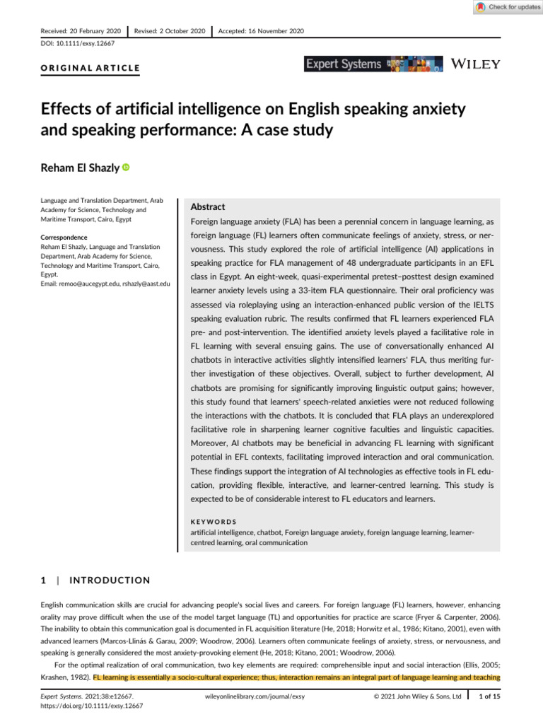 Elshazly2021 - Effects of AI On English Speaking Anxiety | PDF