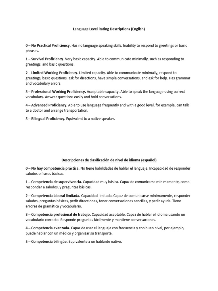 Language Level Rating Descriptions English Spanish French | PDF