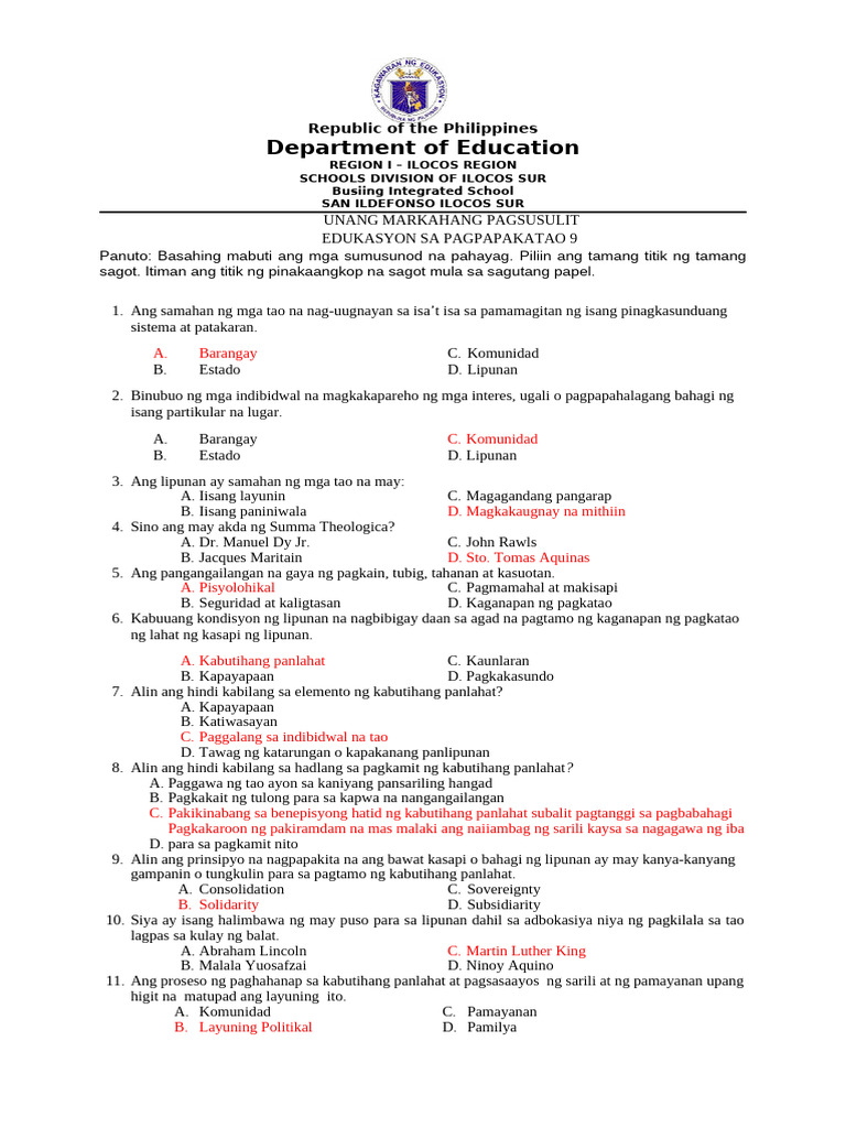 Esp 9 First Periodical Test 1 | PDF