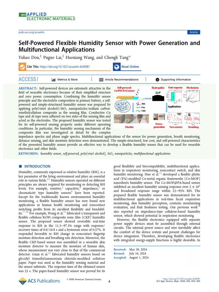 Self-Powered Flexible Humidity Sensor With Power Generation and ...