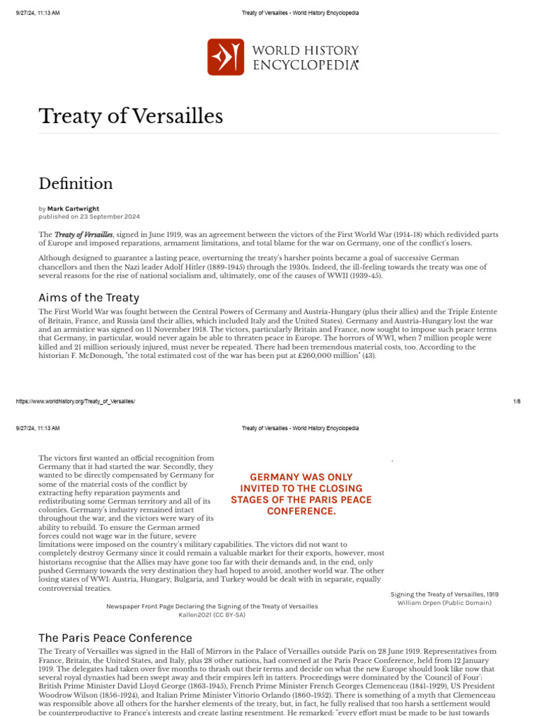 Treaty of Versailles - World History Encyclopedia | PDF