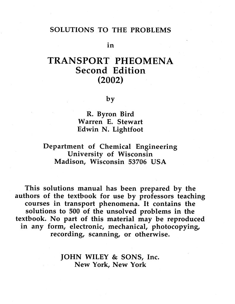 Transport Phenomena 2nd Ed By Bird Stewart Lightfoot Www Solutionmanual