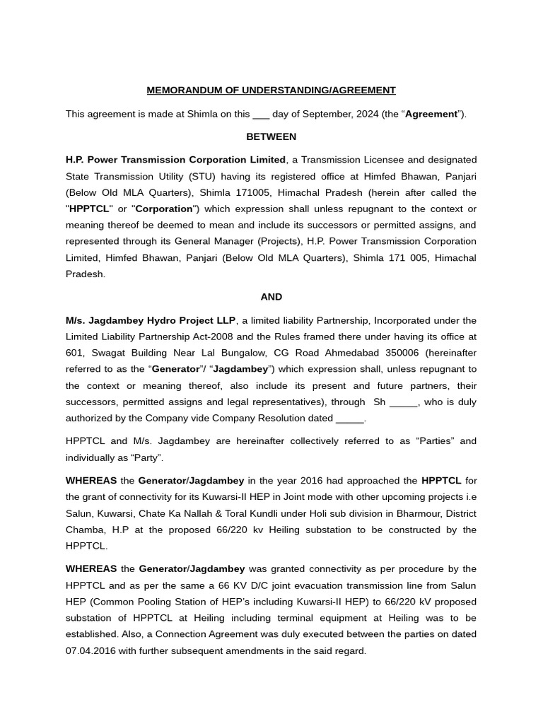 Modified Draft Agreement - Jagdambay - Final | PDF