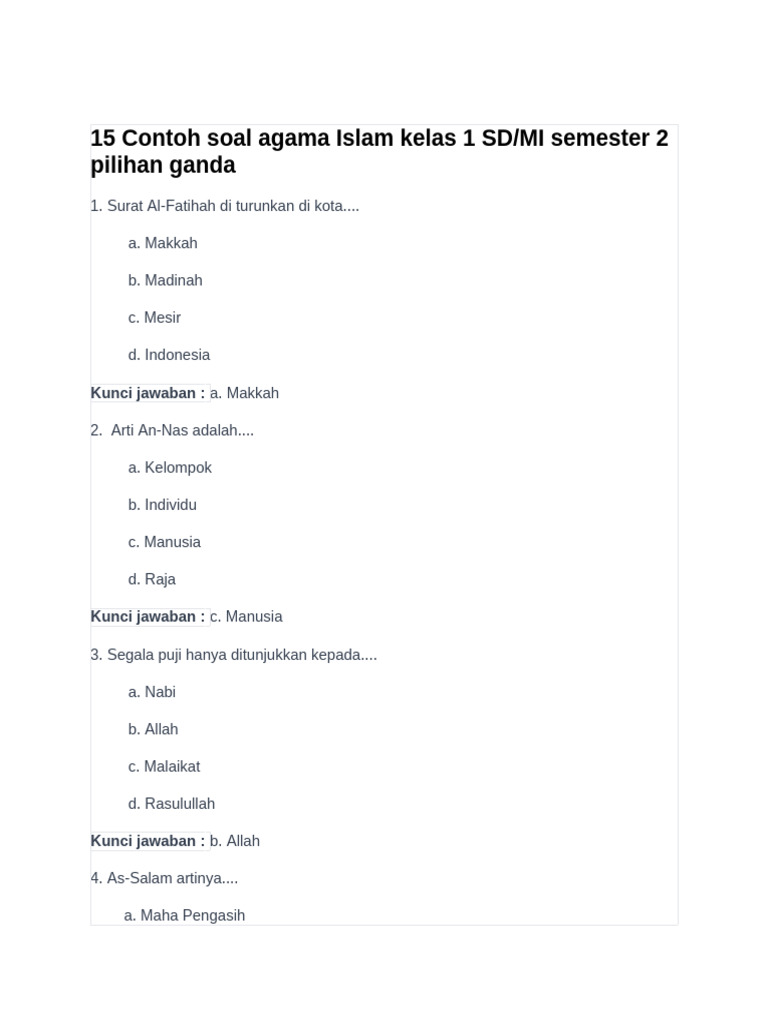 15 Contoh Soal Agama Islam Kelas 1 Sd Pdf