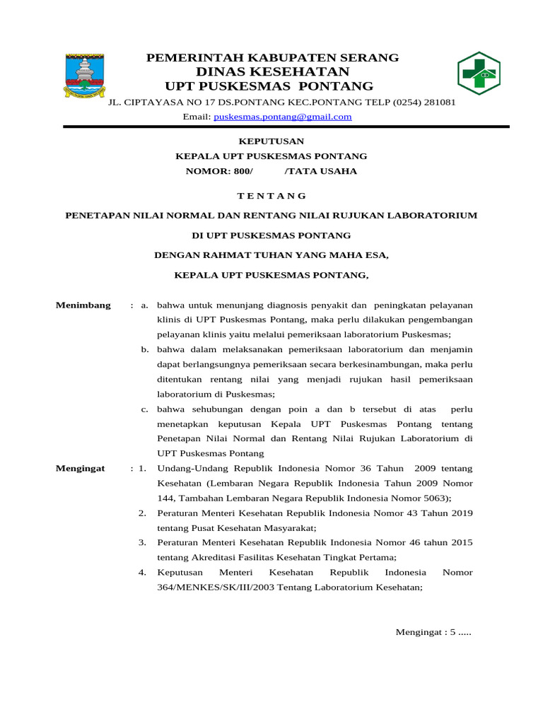 9) - SK Penetapan Nilai Normal Dan Rentang Nilai Rujukan Laboratorium ...