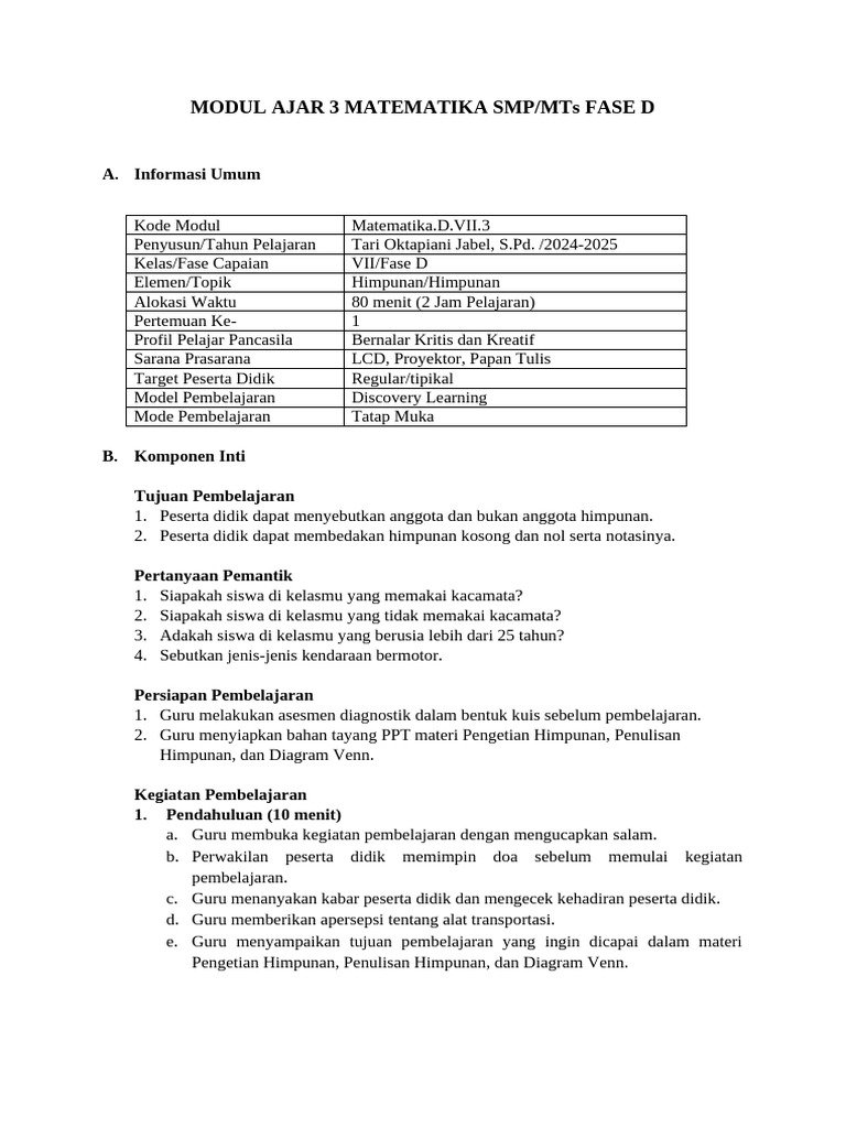 Modul Ajar Matematika SMP Kelas Vii Bab 3 | PDF
