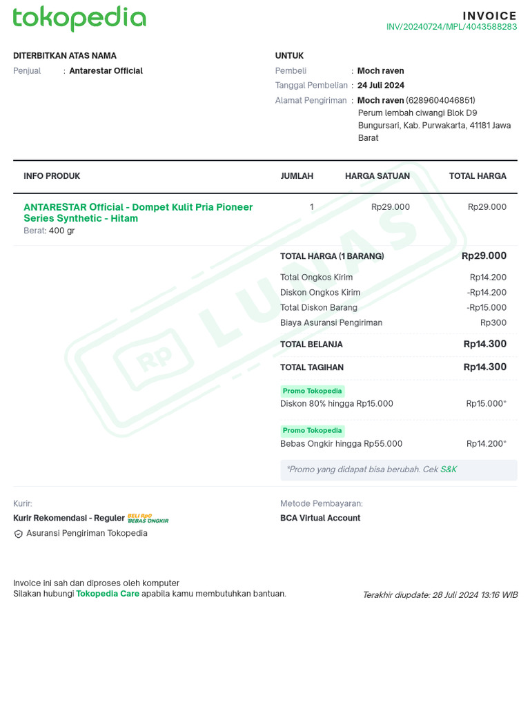 Invoice Pembayaran Tokopedia 24 Juli 2024 | PDF
