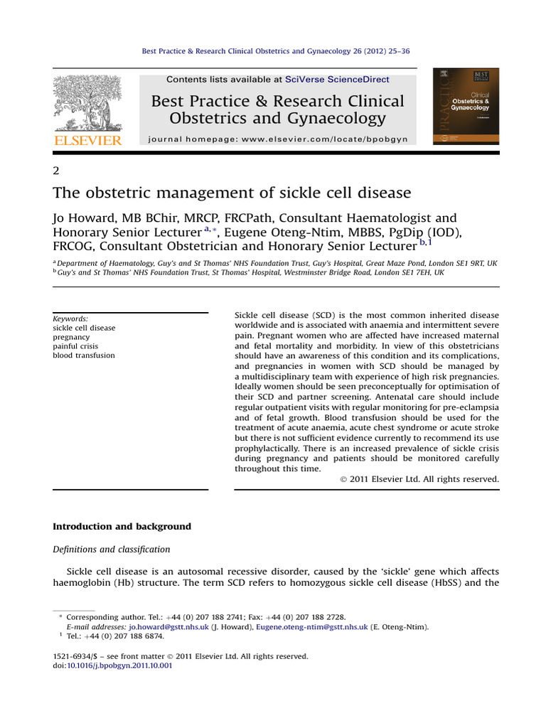 The Obstetric Management of Sickle Cell Disease | PDF