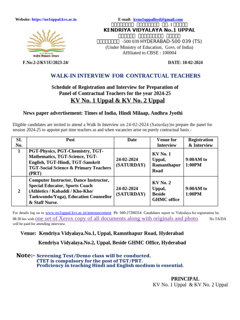 KVS Uppal Contractual Teacher Interviews 2024 | PDF | Academic Degree ...