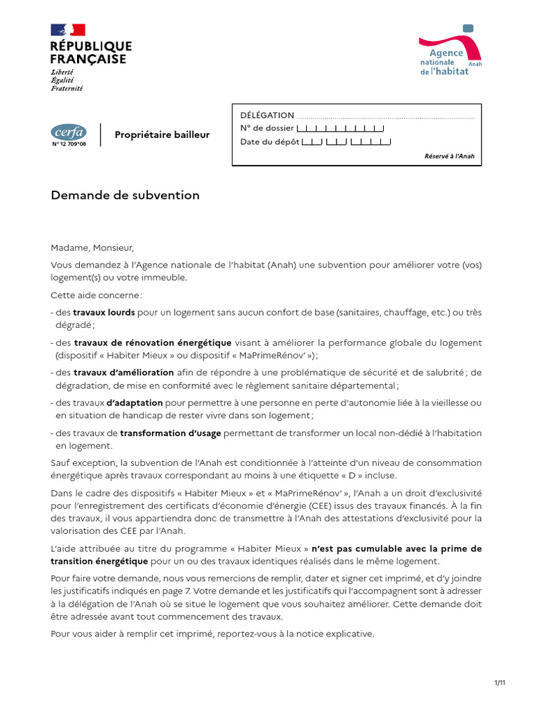 Cerfa - 12709-08 - Demande de Subvention Pour Travaux - Bailleurs | PDF
