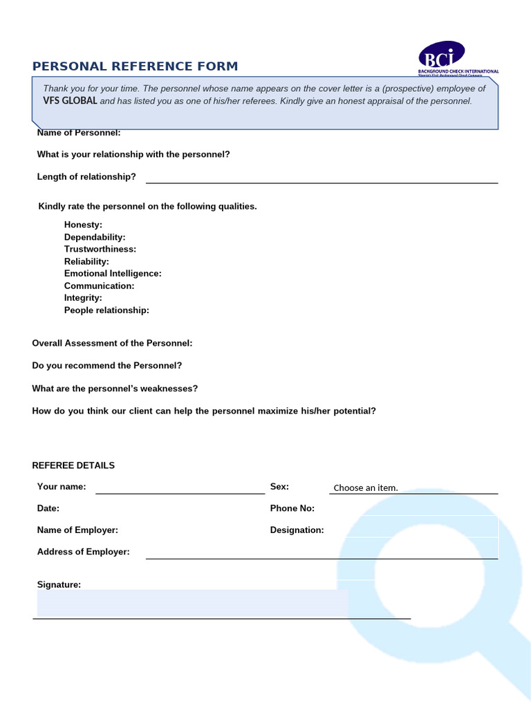 VFS GLOBAL - Personal Reference Form | PDF