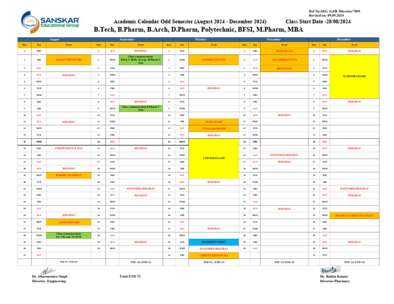 Academic Calendar Odd Sem-2024-25 AKTU-Rev-1 | PDF