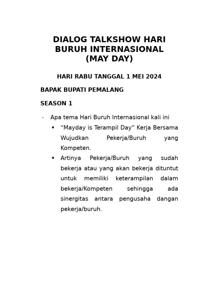DIALOG TALKSHOW HARI BURUH INTERNASIONAL (Bupati) | PDF