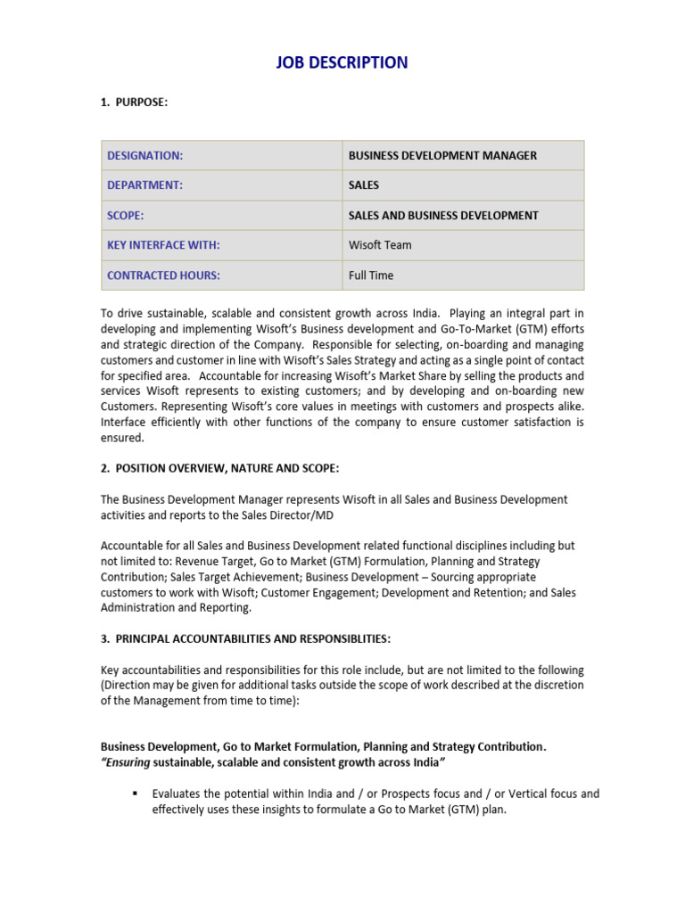 Job Description: Designation: Department: Scope: Key Interface With ...
