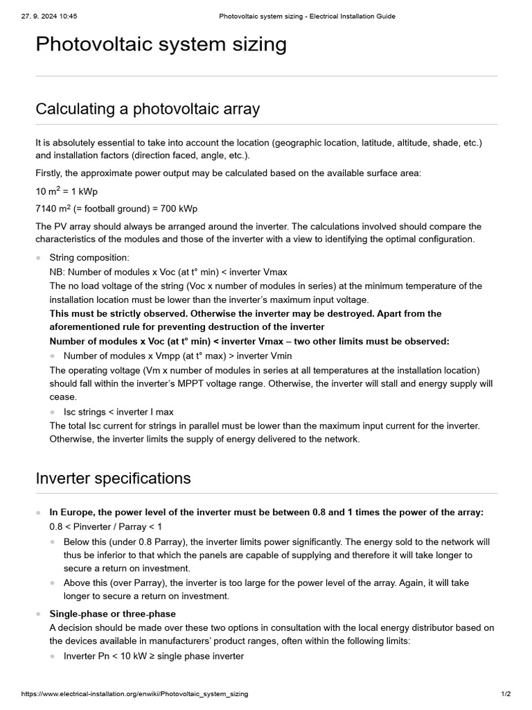 Photovoltaic System Sizing - Electrical Installation Guide | PDF