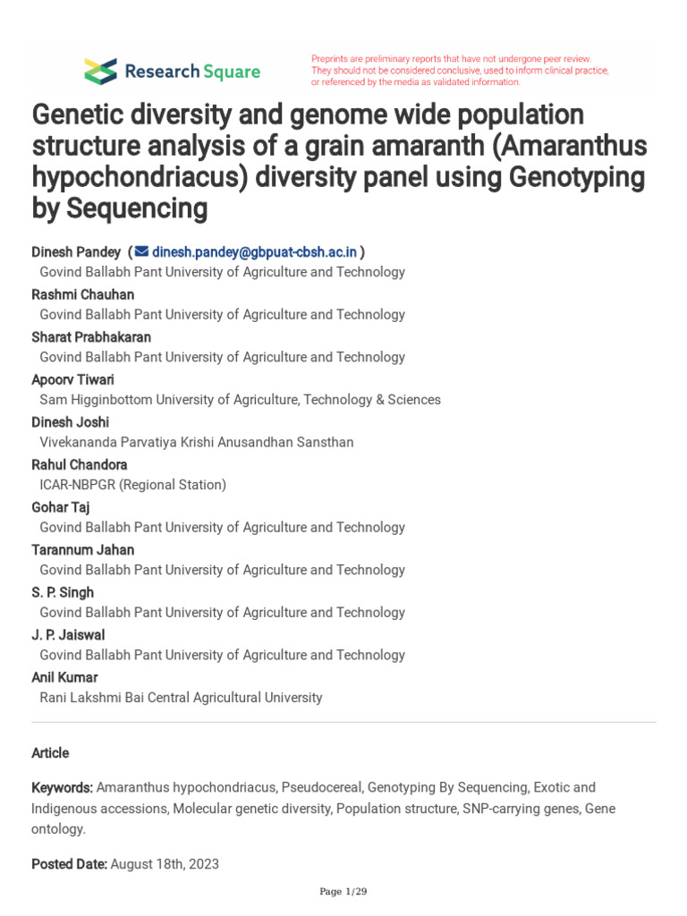 Genetic Diversity and Genome Wide Population Struc | PDF