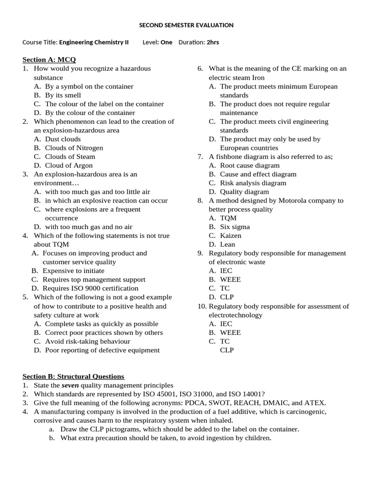 CHEM II Exam | PDF | Six Sigma | Technology & Engineering