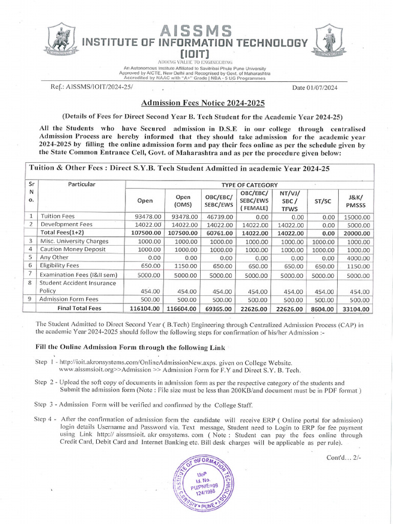 Direct S.y.btech Student Fees 2024 25 | PDF