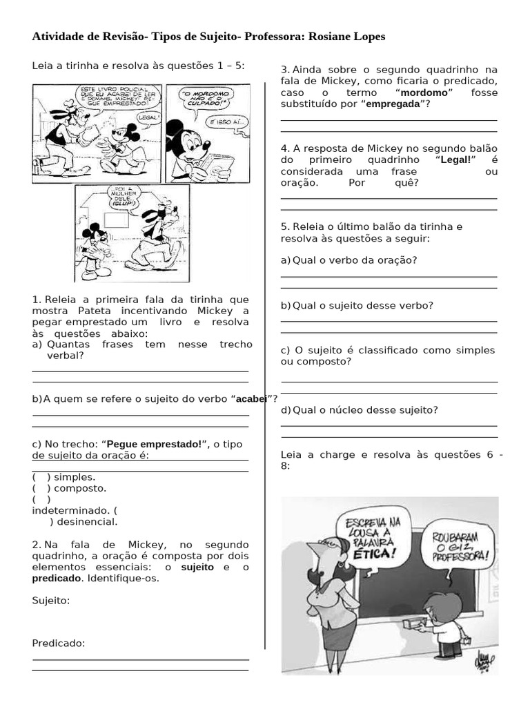 Atividade Sobre Tipos de Sujeito - 8º Ano | PDF