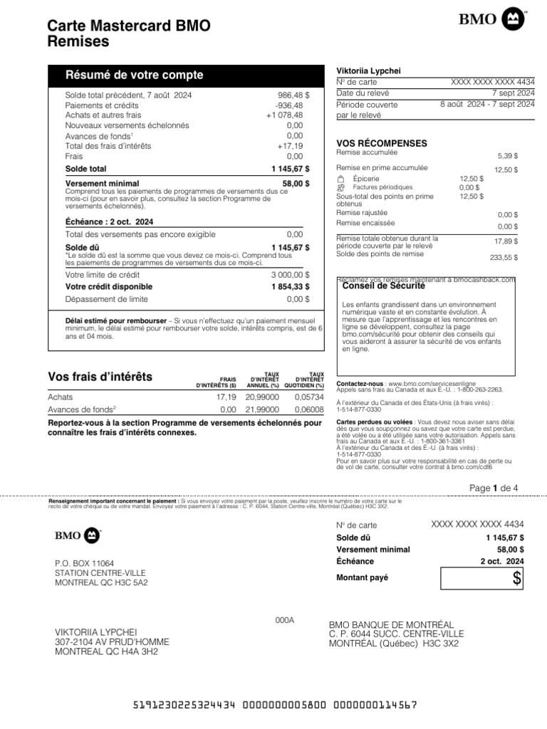 BMO Mastercard Account Summary | PDF